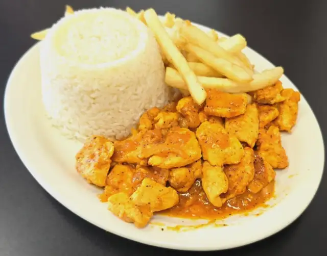 Chicken with rice and fries